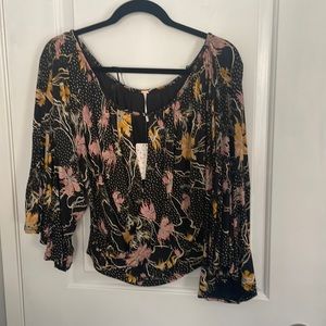 Free People Black Combo Bell Sleeve Shirt Size L